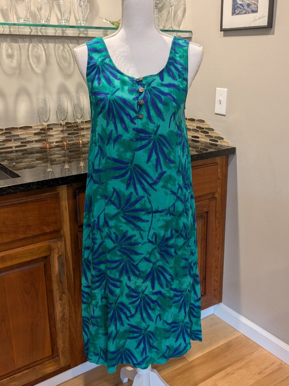KAKTUS Green & Blue Tropical Leaf Print Midi Dress with Pockets Sz Small Cove Up